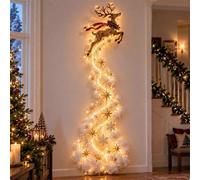unbrand Lighted Christmas Reindeer Waterfall Wall Decor, Flying Deer with Warm LED String Lights Snow Star Ornaments, Rustic Holiday Wall for Indoo...