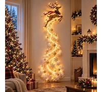 unbrand Lighted Christmas Reindeer Waterfall Wall Decor, Flying Deer with Warm LED String Lights Snow Star Ornaments, Rustic Holiday Wall for Indoo...