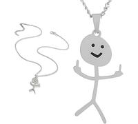 Unbranded Funny Middle Finger Stick Man Pendant Necklace, Silver High Grade Stainless Steel Unisex Jewellery, 45cm Chain, Humorous Gift for Men Women