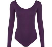 Unbranded New Womens Ladies Scoop Neck Bodysuit Long Sleeve Leotard Plain Stretch Basic Top UK 8-14 (M/L (UK 12/14), Purple)