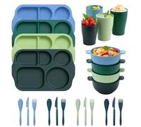 Unbreakable 24-Piece Dinnerware Set for 4 People, 4-Color Divided Plates & Bowls with Cutlery - Reusable Plastic Dishes for Camping, Kids, Outdoor, Dishwasher Safe (Dark Series, for 4 People)