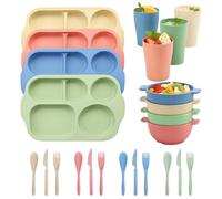 Unbreakable 24-Piece Dinnerware Set for 4 People, 4-Color Divided Plates & Bowls with Cutlery - Reusable Plastic Dishes for Camping, Kids, Outdoor, Dishwasher Safe (Light Series, for 4 People)