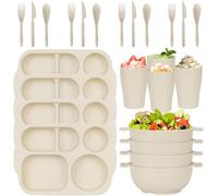 Unbreakable Dinnerware Sets for 4 People,24pcs Divided Plates and Bowls Set for School Adult, Reusable Plastic Plates, Cups, Bowls, Cutlery Set for Party, Camping, Home (Beige)