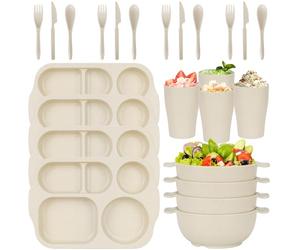 Unbreakable Dinnerware Sets for 4 People,24pcs Divided Plates and Bowls Set for School Adult, Reusable Plastic Plates, Cups, Bowls, Cutlery Set for Party, Camping, Home (Beige)