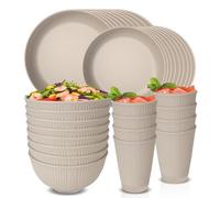 Unbreakable Dinnerware Sets for 8 Peple, Plastic Plates and Bowls Set Reusable Tableware Set, Microwave Dishwasher Safe, Camping Picnic Home Party Dinner Set 16pcs Plates, 8pcs Bowls, 8pcs Cups, Beige
