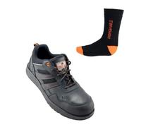 Unbreakable Mens Stream Leather Safety Shoes Composite Toe Cap Non Metallic S3 SRC Slip Resistant Trainer Shoes with Assorted socks, Black, 9