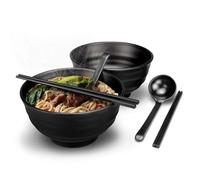Unbreakable Ramen Cereal Bowls, 35 oz Large Bowl Sets of 2, 1300ml Japanese Ceramic Noodle Bowls (with Spoons, Chopsticks Kits), Plastic Salad Bowl, Non-microwave oven Bowls for Kitchen and home