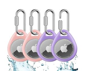 UNBREAKcable Holder for Apple AirTag (4 Pack) - TPU Protective Case with 304 Stainless Steel Twist Lock Carabiner Clip, Anti-Lost, Waterproof, Snug Fit, Anti-Scratch, Purple & Pink
