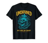 Unchained Set Free by Christ Christian Gothic Skull Cross T-Shirt