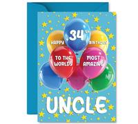 Uncle 34th Birthday Card - Worlds Most Amazing - Happy Birthday Card for 34 Year Old Uncle from Nephew Niece, A5 Balloons and Stars Bday Greeting Cards
