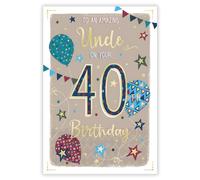 Uncle 40th Birthday Card - Age 40 - Amazing Uncle - Balloons and Stars Design - Special Finishes and Illustrated Insert Leaf - Made in the UK - Eco-Friendly