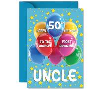 Uncle 50th Birthday Card - Worlds Most Amazing - Happy Birthday Card for 50 Year Old Uncle from Nephew Niece, A5 Balloons and Stars Bday Greeting Cards