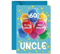 Uncle 60th Birthday Card - Worlds Most Amazing - Happy Birthday Card for 60 Year Old Uncle from Nephew Niece, A5 Balloons and Stars Bday Greeting Cards