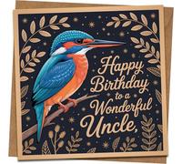 Uncle Birthday Card - Happy Birthday to a Wonderful Uncle - Kingfisher Bird Design - 145mm x 145mm Square Greeting Card with Kraft Envelope