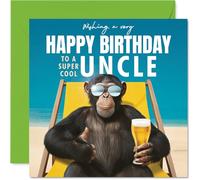 Uncle Birthday Card - Relaxing Chimp on Beach - Happy Birthday Card for Uncle from Nephew Niece, 145mm playful animal illustration Bday Greeting Cards