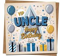 Uncle Birthday Card - VIP Happy Birthday Star & Balloons Design, 145mm x 145mm Square Greeting with Kraft Envelope - Blue/Gold Gifts Theme