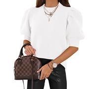 UNCLECAT Women's Puff Short Sleeve Sweaters Trendy Fall Tops Casual Pullover, White, XL