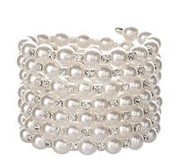 UncleS Gold/Silver Pearl with Crystals and Sparkling Diamonds Pearl Elastic Bracelet-7 Rows Art Deco Bridal Jewelry Elastic Bracelets for Women