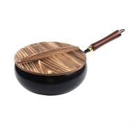 Uncoated big belly iron pot frying pan hand forged with heavy base for superior heat retention and durability suitable for slow simmering and frying (28cm pot+wooden lid)