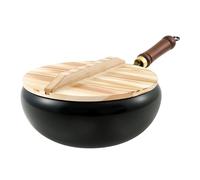 Uncoated Cast Iron Pot with Wooden Lid and Handle Forged Big Belly Pot Heat Retention Stock Pots Frying Pan for Kitchen Cooking Gas Stoves Induction Hobs Simmering and High-Heat Frying(28cm)