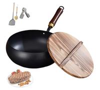 Uncoated Iron Pan,5 Sizes Hand-Forged Non-Stick Iron Pan Without Coating Durable and Rust-Free, Japanese Non-Stick Pans with Lid for Electric Induction Gas Stoves (Plain Weave-Wood Cover, 20cm)