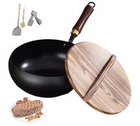 Uncoated Iron Pan,5 Sizes Hand-Forged Non-Stick Iron Pan Without Coating Durable and Rust-Free, Japanese Non-Stick Pans with Lid for Electric Induction Gas Stoves (Hammer Weave-Wood Cover, 30cm)