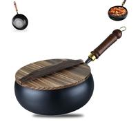 Uncoated Iron Pan, 9.45/11.02 in Hand-Forged Non-Stick Iron Pan, Chinese Wok, Uncoated Hand Forged Big Belly Pot with Wood lid for Induction and Stove (11.02in)