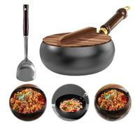 Uncoated Iron Pan,Belly Shape Frying Pan,Hand Forged Big Belly Pot,Non Stick Stock Pot,Flat Frying Pots,Multifunctional Pots,Versatile Cooking for Gas Stove,Induction (with Wooden Lid+Shovel-28CM)