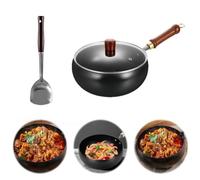 Uncoated Iron Pan,Belly Shape Frying Pan,Hand Forged Big Belly Pot,Non Stick Stock Pot,Flat Frying Pots,Multifunctional Pots,Versatile Cooking for Gas Stove,Induction (with Glass Lid+Shovel-24CM)