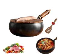 Uncoated Iron Pan,Hand Forged Iron Big Belly Pot,Frying Pan,Versatile Cooking Vessel for Simmering and High-Heat Frying,Induction Gas Stove Compatible (Wooden Lid, 28CM)