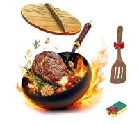 Uncoated Iron Pan,Hand Forged Iron Big Belly Pot,Frying Pan,Versatile Cooking Vessel for Simmering and High-Heat Frying,Induction Gas Stove Compatible (Wooden Lid, 24cm)