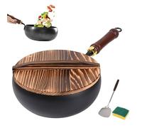 Uncoated Iron Pan, Hand-Forged Non-Stick Iron Pan Without Coating with Wood Handle and Wood lid, Portable Round Bottom Wok for Cooker Gas and Induction Cooker (28cm/11inch)