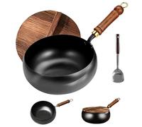 Uncoated Iron Pan, Nonstick Wok Hand Forged Iron Pan with Lid Stir Fry Wok Skillet for Cooking (11.02 inches)