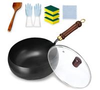 Uncoated Thick Iron Pot, Japanese Cast Iron Wok with Lid & Spatula, Non-Stick Cast Iron Casserole Frying Pan, for Induction, Gas & Electric Stoves (Glass lid Normal,11in)