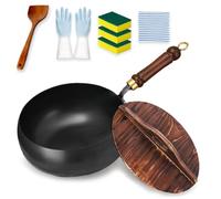 Uncoated Thick Iron Pot, Japanese Cast Iron Wok with Lid & Spatula, Non-Stick Cast Iron Casserole Frying Pan, for Induction, Gas & Electric Stoves (Wooden lid Normal,11in)
