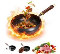 Uncoated Thick Iron Pot, Japanese Iron Pan, Uncoated Non Stick Cast Irons Wok Pan, Hand-Forged Uncoating Cast Irons Pot with Wooden Lid and Spatula, for Stir Fry & Simmering (No Lid,24cm/9.45in)