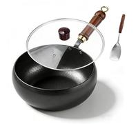 Uncoated Thick Iron Pot, Multifunctional Non-Stick Cast Irons Wok with Lid, Japanese Iron Pan with Spatula, for Pots On Electric Stoves/Induction Cookers/Gas Stoves (Hammer-Glass Cover, L-11.02inch)