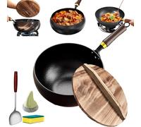 Uncoated Thick Iron Pot, Suntuup Durable Hand-Forged Without Coating Non-Stick Iron Pan with Wooden Pot Lid, Large Capacity Unenameled Cast Cooking Pans Suitable for Family (Type B, 24 cm/9.44 inch)