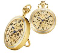 Uncovered Lunar phase Gold Mechanical Pocket Watch, Arabic Numeral Dial Men's Mechanical Pocket Watch, Mechanical Pocket Watch with Back Cover Bracket and Chain, MW183-gold, fashion