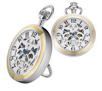 Uncovered Lunar phase Silver Black Mechanical Pocket Watch, Arabic Numeral Dial Men's Mechanical Pocket Watch, Mechanical Pocket Watch with Back Cover Bracket and Chain, MW183-Silver Black, fashion
