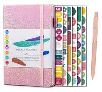 Undated Weekly and Monthly Planner with Pen, A5 Weekly To Do List Notebook with Goal & Habit Tracker Organizer, Glitter Laser Hardcover Monthly Calendar for Work School + Colourful Stickers (Pink)