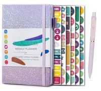 Undated Weekly and Monthly Planner with Pen, A5 Weekly To Do List Notebook with Goal & Habit Tracker Organizer, Glitter Laser Hardcover Monthly Calendar for Work School + Colourful Stickers (Purple)