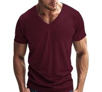 Under 5 Textured Casual Short Sleeve V-Neck Plain Top Men's Tops For Baggy Pants, Wine Red, XXL
