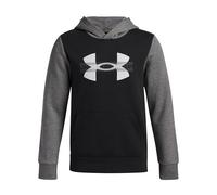 Under Armour Boys' Rival Fleece Colourblock Graphic Hoodie, Comfortable and Warm Boys' Hoodie with Raglan Sleeves, Hooded Top for Sports and Casual Wear,Black/Castlerock Light Heather/White,YSM