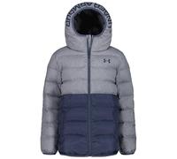 Under Armour Boys Water-Resistant Pronto Colourblock Puffer Jacket with UA Storm Technology - Lightweight Hooded Winter Coat with Snap Pockets, 10 Years to 11 Years, Downpour Gray
