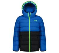 Under Armour Boys Water-Resistant Pronto Colourblock Puffer Jacket with UA Storm Technology - Lightweight Hooded Winter Coat with Snap Pockets, 14 Years to 15 Years, Blue Atlantis