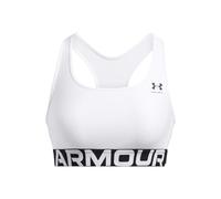 Under Armour Women's Heat Gear Mid Branded, Medium-Support Sports Bra with 4-Way Stretch Material, Gym Bra with Double-Lined Coverage,White / / Black,SM