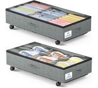 Under Bed Storage Bag with Wheels, 2-Pack Underbed Storage Organizer with Zips & PVC Window, Large Linen Under Bed Storage Box for Easy Access & Storage of Clothes, Duvets, Bedding and Shoes (Grey)