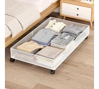 Under-Bed Storage Box with Wheels, Household Clothes Storage Basket Large Capacity Mobile Storage Box Bedroom Under-Bed Shelf Organiser(White)
