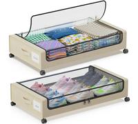 Under Bed Storage with Wheels, 2-Pack Under Bed Storage Containers with Clear Lids, XXL 60L Under the bed storage Organizer Bins, Rolling Under Bed Metal Drawer for Clothes,Shoes,Toys (White, 2 Pack)